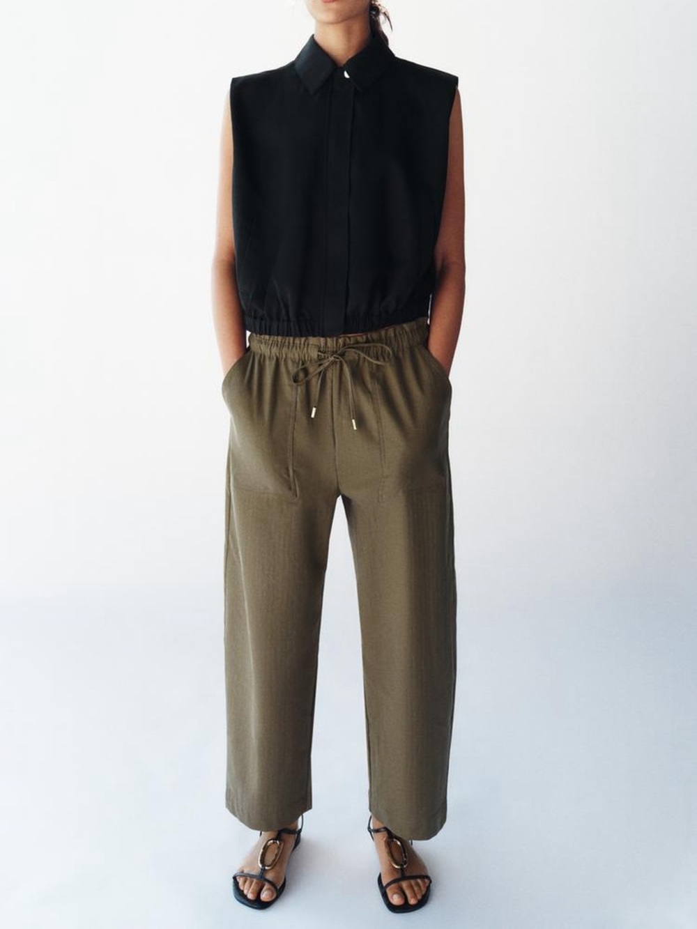 Zara Drawstring Linen Relaxed Pants Khaki XS